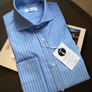 Camisa Azul Raya Personalizable – Doble Puño Cuello Italiano