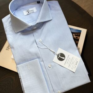 Camisa Rayas Celeste Personalizable – Doble Puño Cuello Italiano
